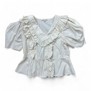 Skies Are Blue Ivory Ruffle Puff Sleeve Blouse Top Asymmetrical‎ Peter Pan S/M